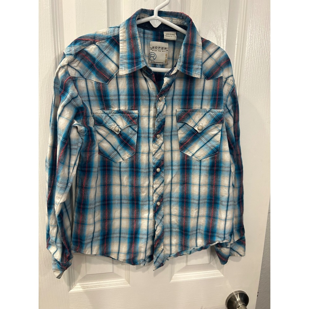 Roper Kids Blue White Plaid Western Pearl Snap Shirt‎ M 8-10